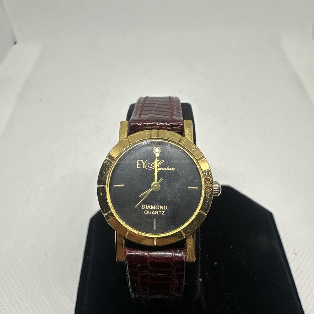 EY Signature Women's Watch Black Dial Gold Tone Diamond Accent Leather Band 8in